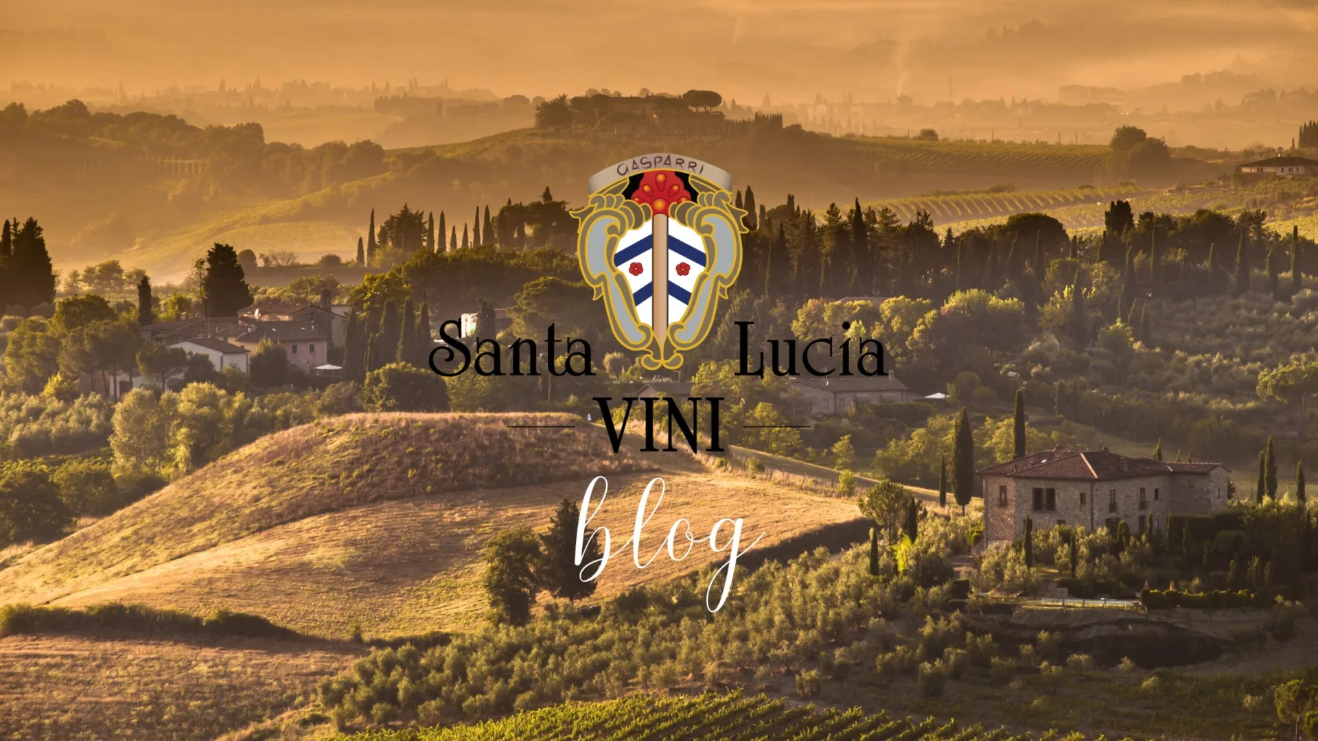 Golden sunset over the rolling vineyards of Chianti in Gambassi Terme, Tuscany, with cypress trees, olive groves and historic Tuscan farmhouses in the Valdelsa countryside – cover image of the blog “Among the Hills of Chianti: Where Time Flows at the Pace of Wine” featuring the authentic wine and olive oil experience of Azienda Agricola Santa Lucia (Santa Lucia Winery) in Gambassi Terme, Florence, Tuscany, Italy. Tramonto dorato sulle colline del Chianti a Gambassi Terme, in Toscana, con filari di vigneti, cipressi, uliveti e casali storici immersi nella Valdelsa – immagine di copertina del blog “Tra le Colline del Chianti: Dove il Tempo Scorre al Ritmo del Vino”, dedicato all’esperienza autentica di vino e olio extravergine dell’Azienda Agricola Santa Lucia (Santa Lucia Winery) a Gambassi Terme, Firenze, Toscana.